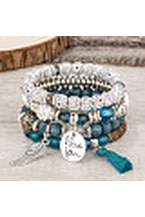 Boho Style Wood Beaded Stretch Bracelet Sets for Women with Acrylic and Alloy Finding Teal