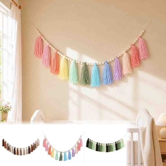 Boho Style Yarn Tassel Garland with Wooden Beads,60in,Colorful Macrame Fringe Wall Hanging Bunting, Romantic Decor for Nursery Bedroom Window Wedding Party Indoor Layout