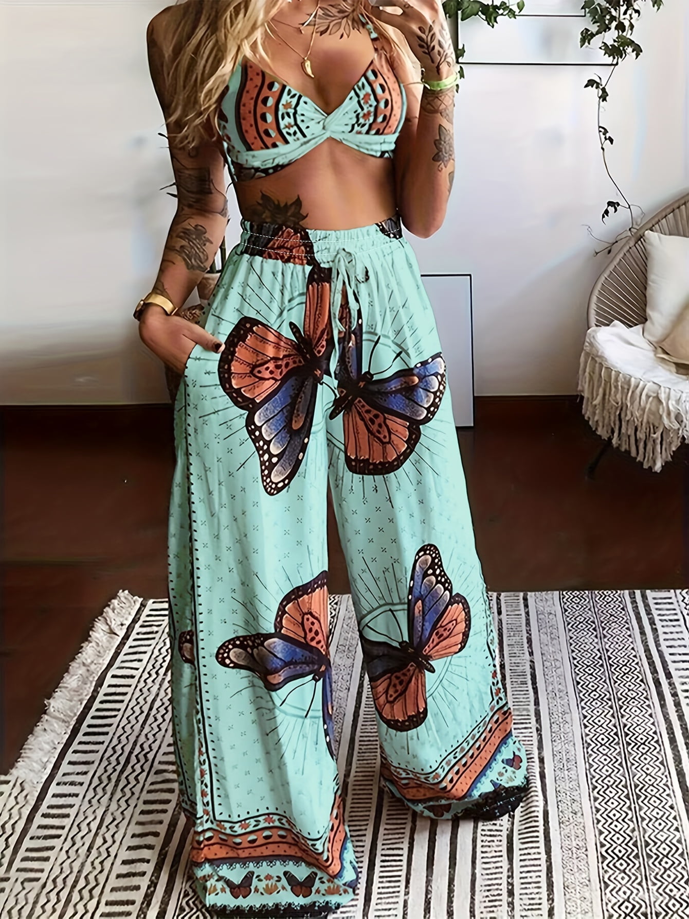 Boho Summer Backless Butterfly Crop Top Wide Leg Pants Set Durable Non Sheer Comfort Fit Walmart