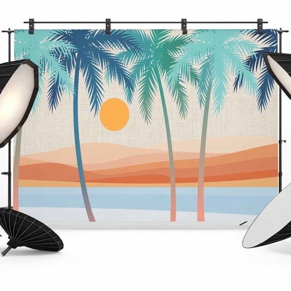 Boho Summer Beach Backdrop for Photography,Fabric Photo Background Backdrop,Abstract Tropical Palm Trees Burlap Photo Booth Background for Portrait Photoshoot Video Wedding Studio Decor Banner 7x5ft