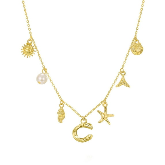 Boho Summer Beach Jewelry Charm Necklace for Women - 26 Initial Seashell Gold Pendant Necklaces