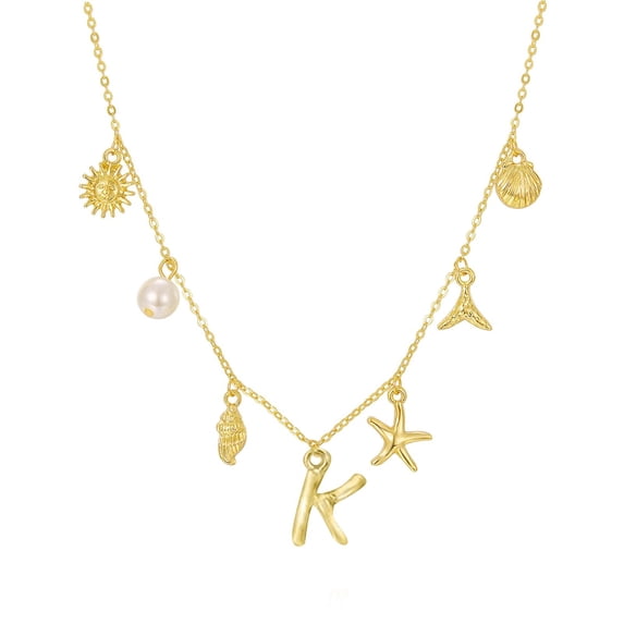 Boho Summer Beach Jewelry Charm Necklace for Women - 26 Initial Seashell Gold Pendant Necklaces