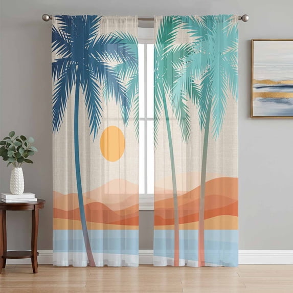 Boho Summer Beach Sheer Curtains 63 Inch Length 2 Panels Set, Abstract Tropical Palm Trees Burlap Voile Window Treatment Rod Pocket Curtains Sheers Drapes for Bedroom/Living Room/Kitchen 52x"63"x2