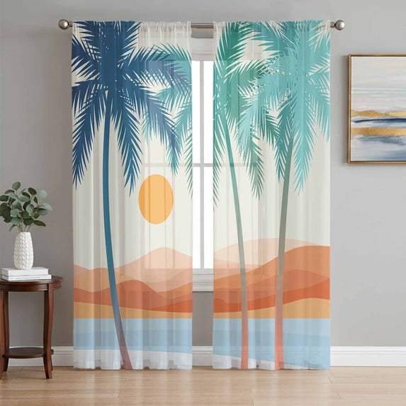 Boho Summer Beach Sheer Curtains 72 Inch Length 2 Panels Set, Abstract Tropical Palm Trees Watercolor Voile Window Treatment Curtains Sheers Drapes for Bedroom/Living Room/Kitchen 52"x72"x2