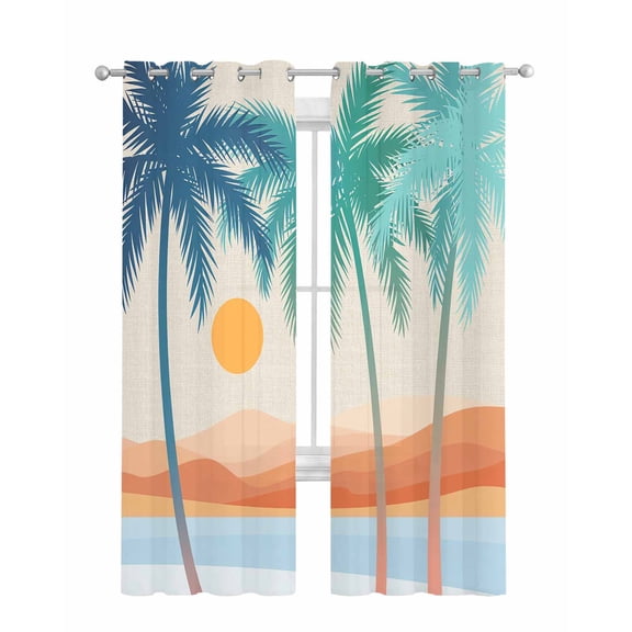 Boho Summer Beach Sheer Curtains 84 Inch Length 2 Panels Set for Living Room/Bedroom, Abstract Tropical Palm Trees Burlap Kitchen Curtains Grommet Semi-Sheer Curtains Window Treatments 52"x84"x2