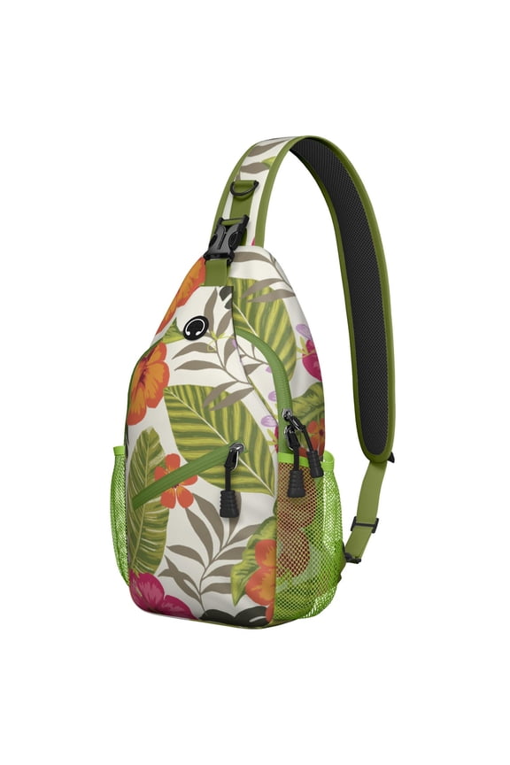 Boho Summer Beach Sling Backpack with Hawaiian Floral, Jungle Leaves, Palm Leaf Pattern, Vibrant Botanical Tropical Print for Travel