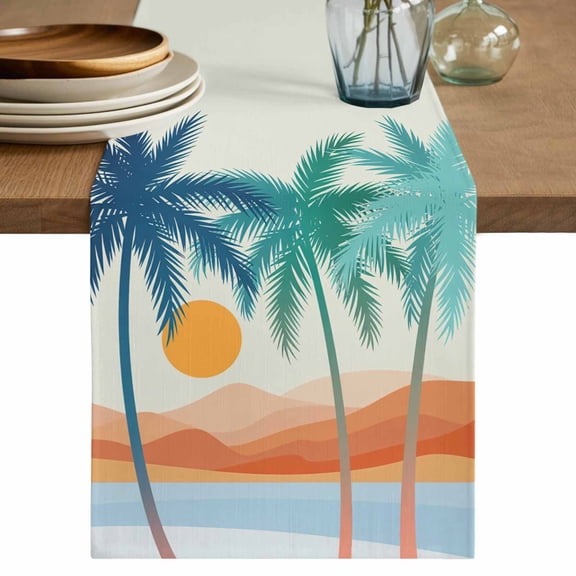 Boho Summer Beach Table Runner 48 Inches, Abstract Tropical Palm Trees Watercolor Bed Runner Dresser Scarves Tabletop for Indoor Outdoor Parties/Ceremony/Banquet, 13" x 48"