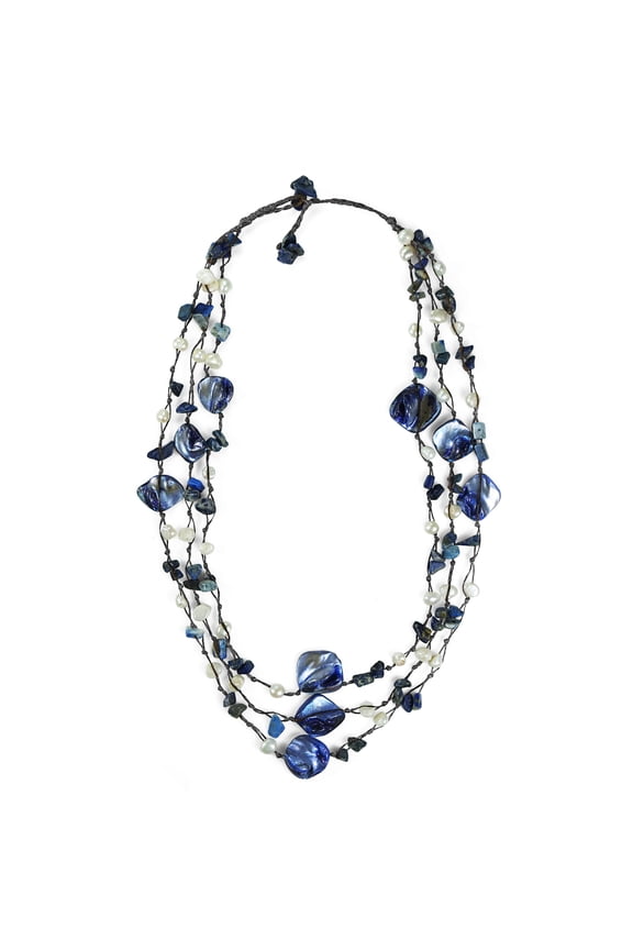 Boho Summer Blue Shell Triple Layer Blue Quartz Statement Necklace
