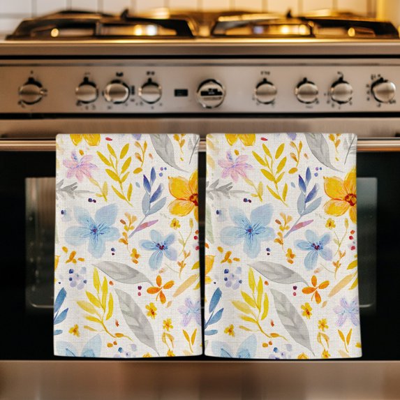 Boho Summer Floral Kitchen Towels Set of 3, Blue Yellow Wildflowers Leaves Beige Absorbent Dish Towels for Kitchen, Microfiber Hand Towel, Quick Drying Tea Towel for Cleaning Decorative Dishcloths