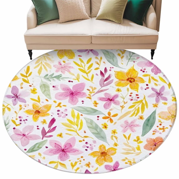 Boho Summer Floral Round Rug 8ft Washable Circle Rugs Non Slip Pink ...