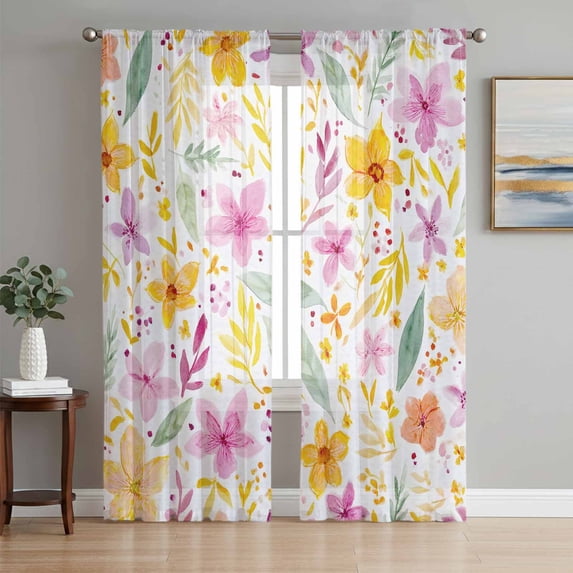 Boho Summer Floral Sheer Curtains 72 Inch Length 2 Panels Set, Pink ...