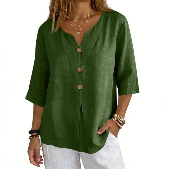 Boho Summer Linen Shirts for Women Button Down V Neck 3/4 Sleeve T-Shirt Blouse Casual Loose Basic Solid Tunic Tops Army Green XL