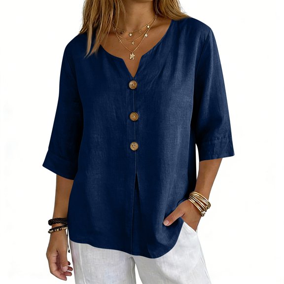 Boho Summer Linen Shirts for Women Button Down V Neck 3/4 Sleeve T-Shirt Blouse Casual Loose Basic Solid Tunic Tops Navy M