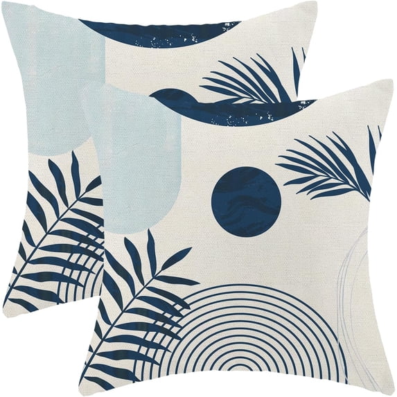Boho Summer Outdoor Pillow Covers 18 x 18 Inch, Navy Blue Leaf Decor Throw Pillows for Couch Bed, Modern Abstract Plant Indoor Farmhouse Decorative Pillowcase Linen Cushion Cover Set of 2