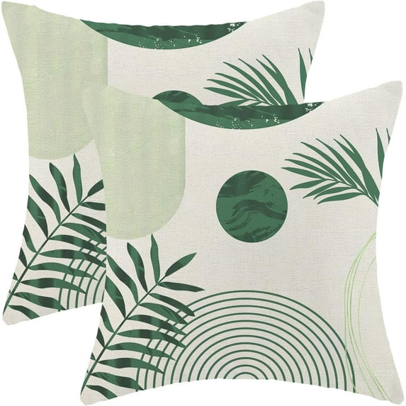 Boho Summer Outdoor Pillow Covers 18 x 18 Inch, Sage Green Leaf Decor Throw Pillows for Couch Bed, Modern Abstract Plant Indoor Farmhouse Decorative Pillowcase Linen Cushion Cover Set of 2
