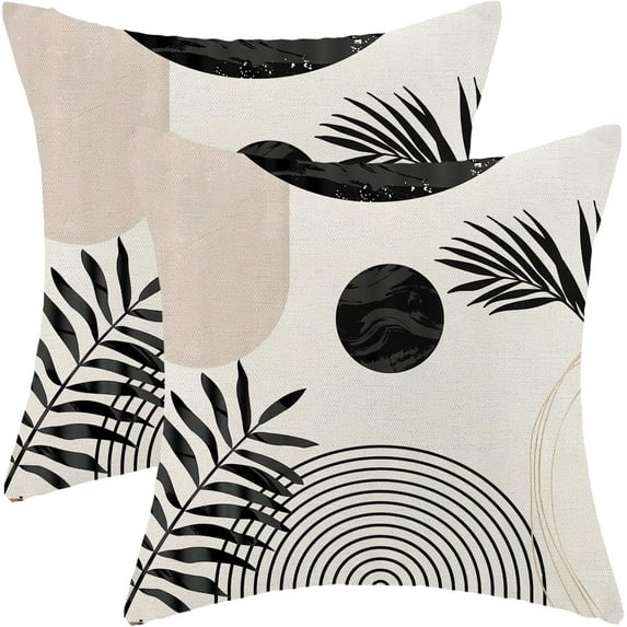 Boho Summer Pillow Covers 18 x 18 Inch, Black White Beige Leaf Decor Throw Pillows for Couch Bed, Modern Abstract Plant Outdoor Farmhouse Decorative Pillowcase Linen Cushion Cover Set of 2