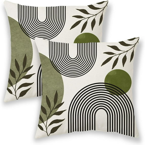 Boho Summer Pillow Covers 18x18 Inch 2 Pcs, Sage Green and Tropical Leaf Outdoor Decorative Throw Pillows, Mid Century Abstract Art Farmhouse Decor Pillowcase Linen Cushion Cover for Couch Sofa