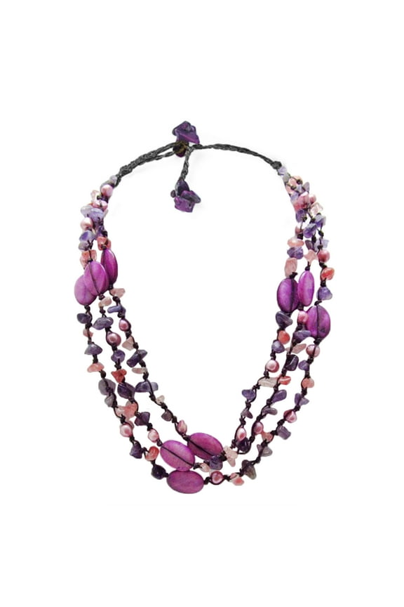 Boho Summer Purple Shell Triple Layer Amethyst Statement Necklace