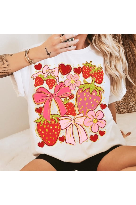Boho Summer Shirt, Preppy Strawberries Shirt, Summer Festival Shirt, Floral Strawberry Design Shirt, Boho Strawberry Tee
