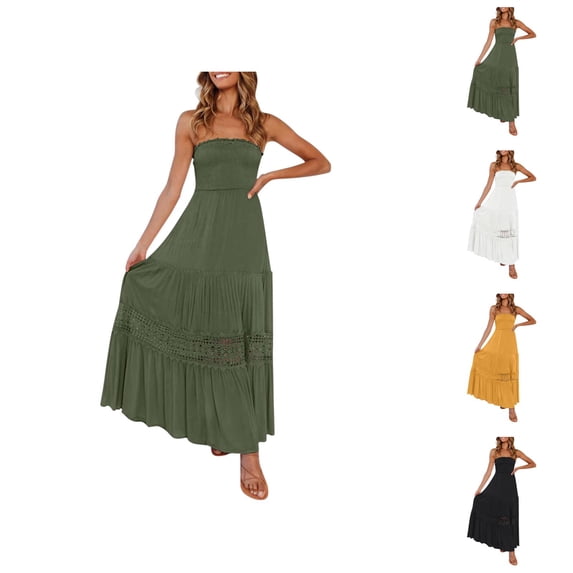 Boho Summer for Women 2026 Trendy Sleeveless Strapless Smocked Bust Flowy Maxi Tube Dress Beach Vacation Dress