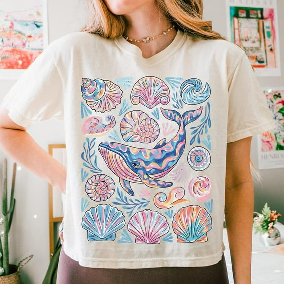 Boho Summer Whale Shirt, Coastal Seashell Tee, Girly Summer Vibes Shirt, Nautical Ocean Shirt, Toddler Summer Shirt, Retro Coquette Outfit