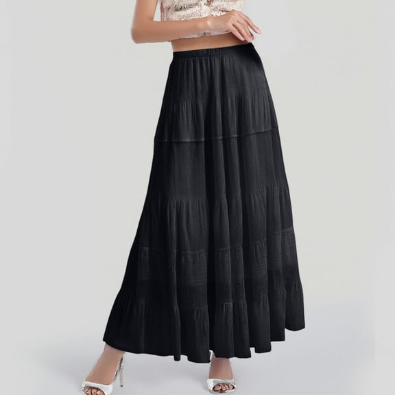 Women's Flowy Chiffon Maxi Skirt Boho Summer Elastic Waist Pleated A-Line Long Skirt Comfortable Lightweight Feminine