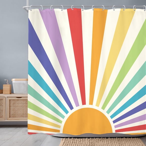Boho Sun 70s Shower Curtain - 72Wx72H Inch Retro Rainbow Sunrise Sunset Cute Vintage Colorful Waterproof Bath Decoration Accessories Modern Groovy Home Decor
