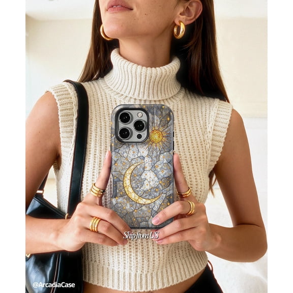 Boho Sun And Moon Phone Case For iPhone Samsung Shockproof Hard Shell Stained Glass Effect Celestial Sky