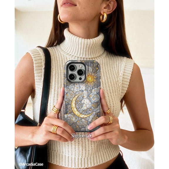 Boho Sun And Moon Phone Case For iPhone Samsung Shockproof Hard Shell Stained Glass Effect Celestial Sky