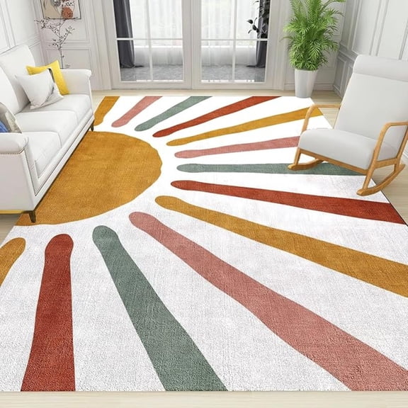 Boho Sunrise Area Rug, Modern Line Art Grunge Theme Non Slip Living Room Rug, Noise Reduction Machine Washable Carpet For Indoor Bedroom Office Decor Mat 5x8ft