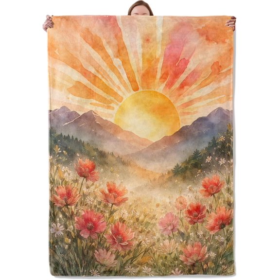 Boho Sun Blanket Gifts for Women Girls Kids, Soft Warm Abstract Mid Century Modern Sunshine Sunset Sunrise Wildflower Mountain Throw Blankets for Living Room Sofa Home Bedroom Decor 40" x 50"