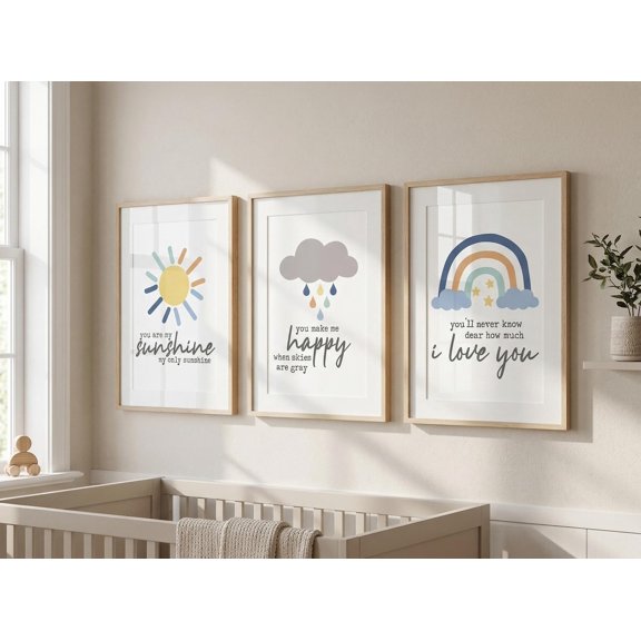 Boho Sun Cloud Rainbow Nursery Wall Art Prints, Uplifting Quote Prints for Boho Kids Room Decor ~ Baby Shower Gift, Stretched Canvas