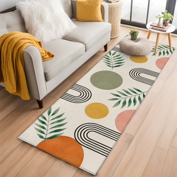 Boho Sun Discs 2'x6' Runner Rug, Green Leaves Middle Century Abstract Vintage Washable Non-Slip Area Rugs for Hallway Kitchen Floor Bedroom Entryway, Long Laundry Carpet Decoration Indoor Mat