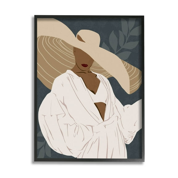 Boho Sun Hat Botanical Leaf Botanical & Floral Graphic Art Black Framed Art Print Wall Art