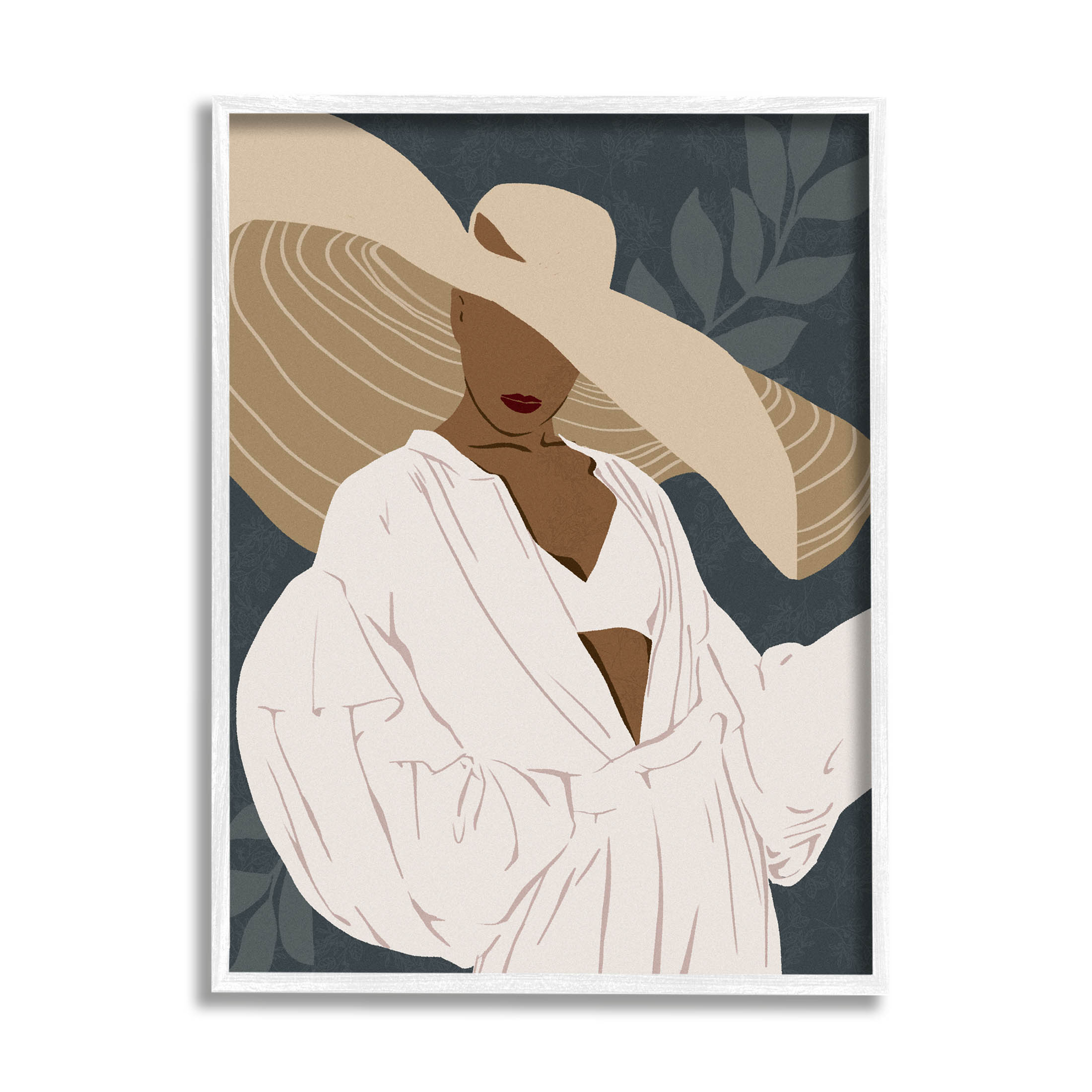 Boho Sun Hat Botanical Leaf Botanical & Floral Graphic Art White Framed Art Print Wall Art