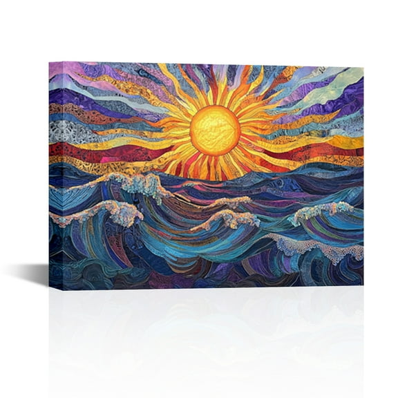 Boho Sun Large Wall Art Colorful Wall Decor Abstract Geometric Sun Sunset Sea Pictures Modern Canvas Print Painting Artwork for Office Living Room Bedroom 12x16Inch(Framed)