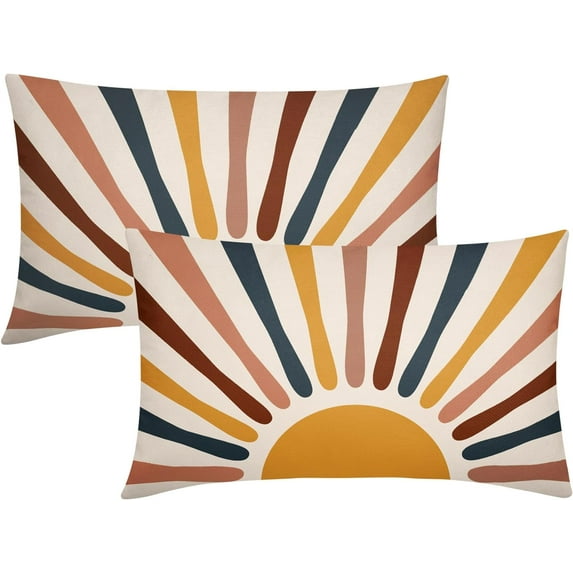 Boho Sun Lumbar Pillow Covers 12x20 Inch Abstract Bohemian Colorful Stripes Rectangle Throw Pillows Modern Rustic Naby Blue Yellow Pillowcases Farmhouse Home Decor Set Of 2