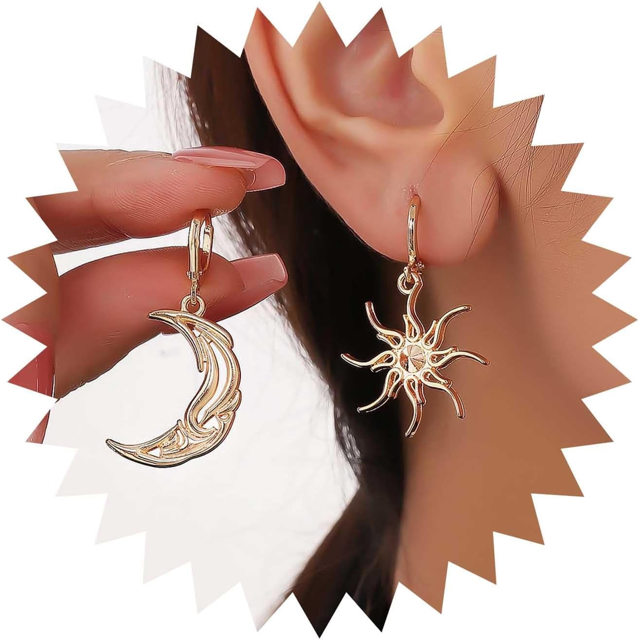 Asymmetrical Sun & Moon Huggie Earrings - 925 Sterling Silver With CZ, Trendy Drop Dangle Earrings