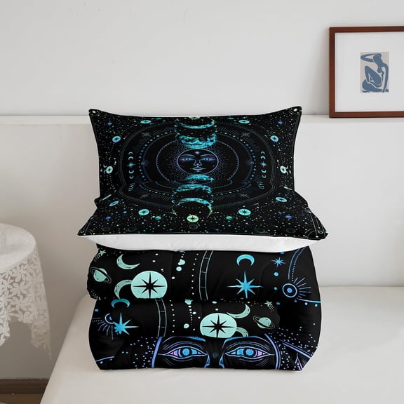 Boho Sun Moon Comforter Set Twin, Stars Space Bedding 2pcs for Room Decor, Soft Polyester Quilt with Pillowcase, Blue Black