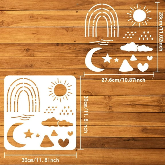 Boho Sun Moon Painting Stencil 11.8x11.8inch Geometric Lines Drawing Template Hollow Out Star Clouds Craft Stencil Boho Rainbow Plastic Stencil for Painting on Wall Wood DIY Home Decor