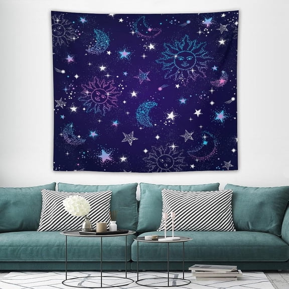 Boho Sun Moon Tapestry Purple Blue Sun Stars Galaxy Pattern Printed Wall Tapestry Wall Hanging for Bedroom Living Room Dorm 60" W x 50" H