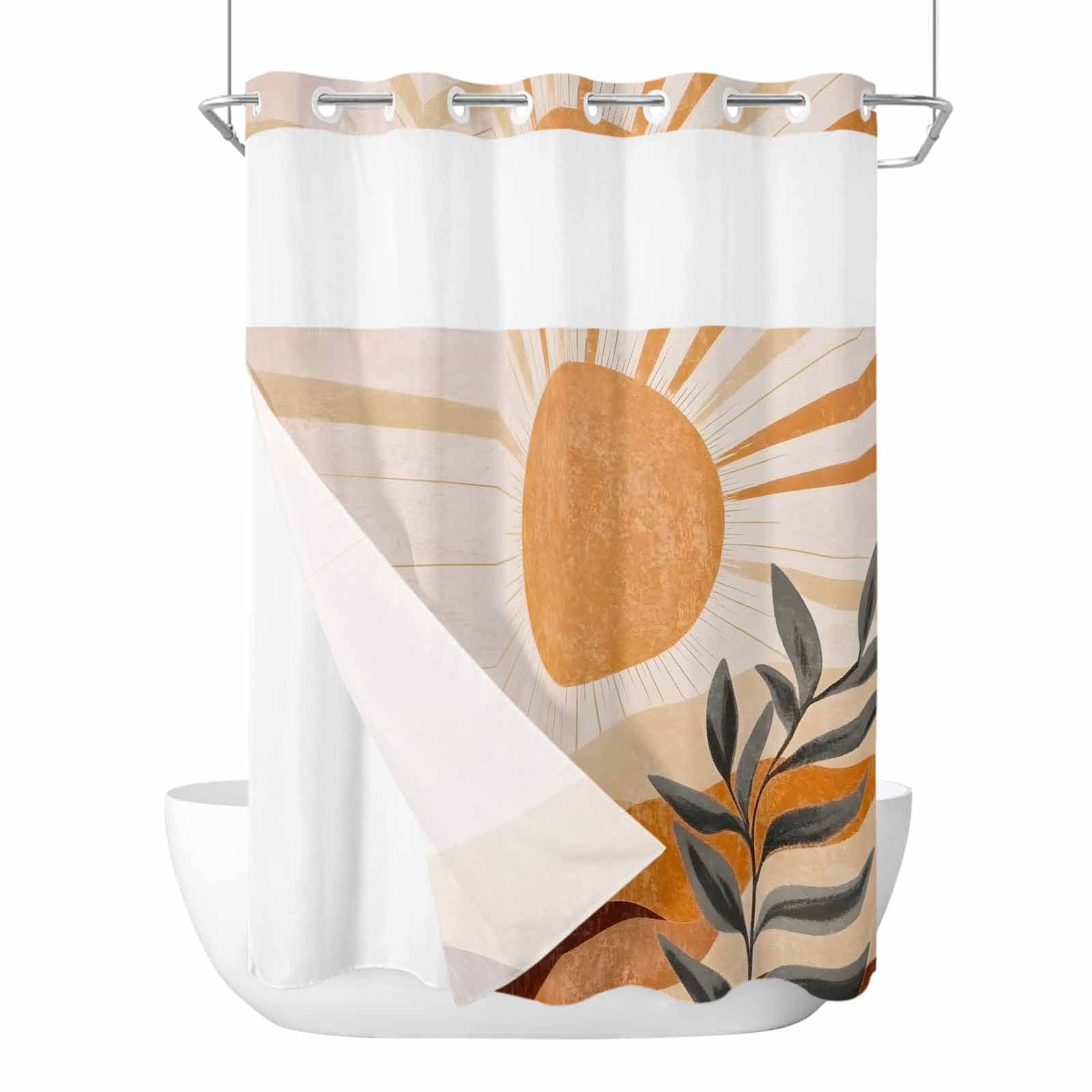 Boho Sun Mountains Abstract Leaves No Hook Shower Curtain with Snap in ...