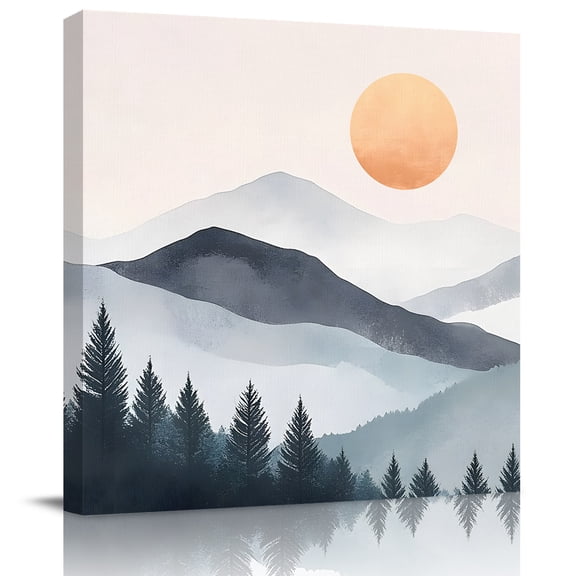 Boho Sun Mountains Forest Shadow Canvas Artwork Painting Art, Abstract Geometric Square Framed Wall Decorations Prints Picture for Bedroom Kitchen Living Room, 8x8 in
