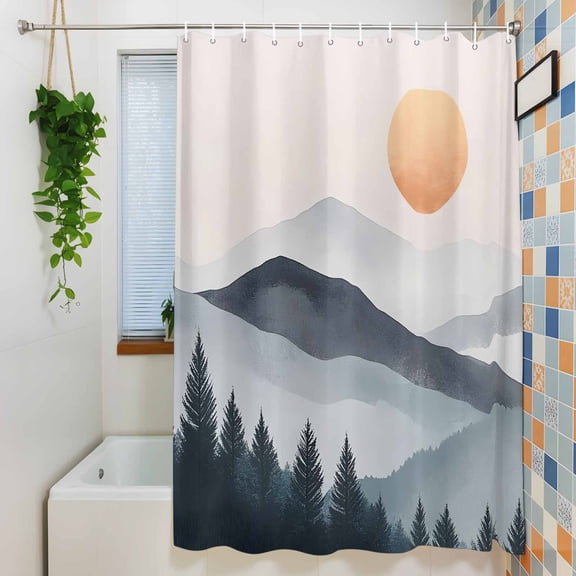 Boho Sun Mountains Forest Shadow Shower Curtain for Bathroom, Abstract Geometric Waterproof Shower Curtains Washable Quick Dry with Hooks Bathtub Curtains 36x72IN