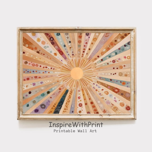 Boho Sun Poster, Horizontal Sun Art Abstract Sunrise Poster, Midcentury Modern Earthtones Art, Playroom Poster, Boho Nursery Poster UNFRAMED Poster, Wall Art for Decor, Present, 12x18