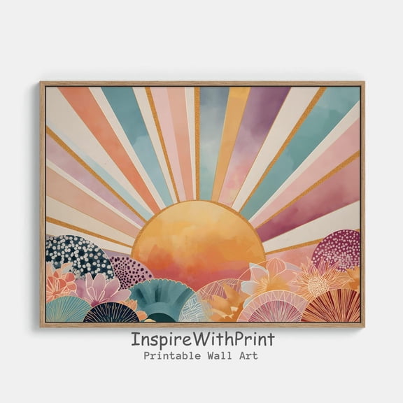 Boho Sun Print, Horizontal Sun Wall Art Printable Abstract Sunrise Print, Midcentury Modern Wall Art, Playroom Poster, Boho Nursery Wall Art, Size 8x12 UNFFRAMED F03.1.5l1365