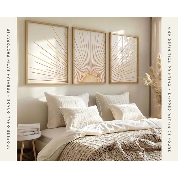 Boho Sun Prints Set Sunrise Sunset Wall Art, Orange Pink Decor, Stretched Canvas