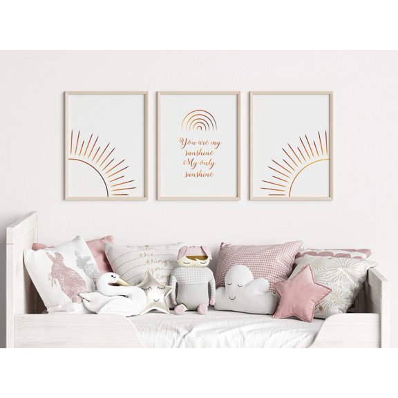 Boho Sun Rainbow Wall Art Nursery Sunshine Wall Decor Set 3 Unframed Paper Print 8x12