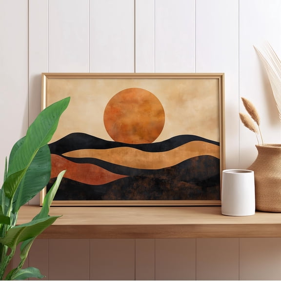 Boho Sun Rolling Hills Wall Art, Warm Rustic Landscape Decor, Unframed Paper Print Size 8x12