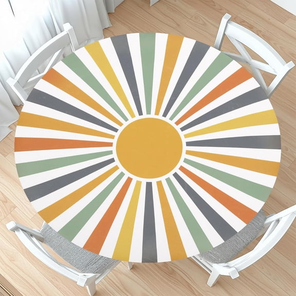 Boho Sun Round Fitted Tablecloth with Elastic Colorful Rainbow Stripe Circle Table Cloth for 40-44" Tables Summer Sunshine Retro Bohemian Wipeable Waterproof Table Cover for Farmhouse Picnic Party